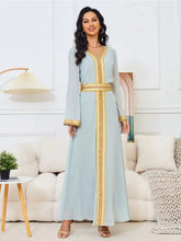 Fashion Dubai Solid Gold Stamping Diamonds Dress With Sashes Long Sleeve V-Neck Casual Abaya Moroccan African Clothing